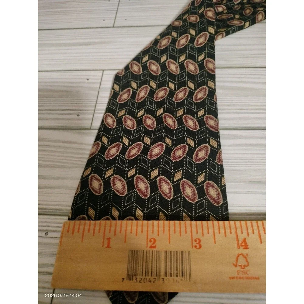 Chaps Ralph Lauren Black Red Tan  Geometric Print Neck Tie Silk USA A26